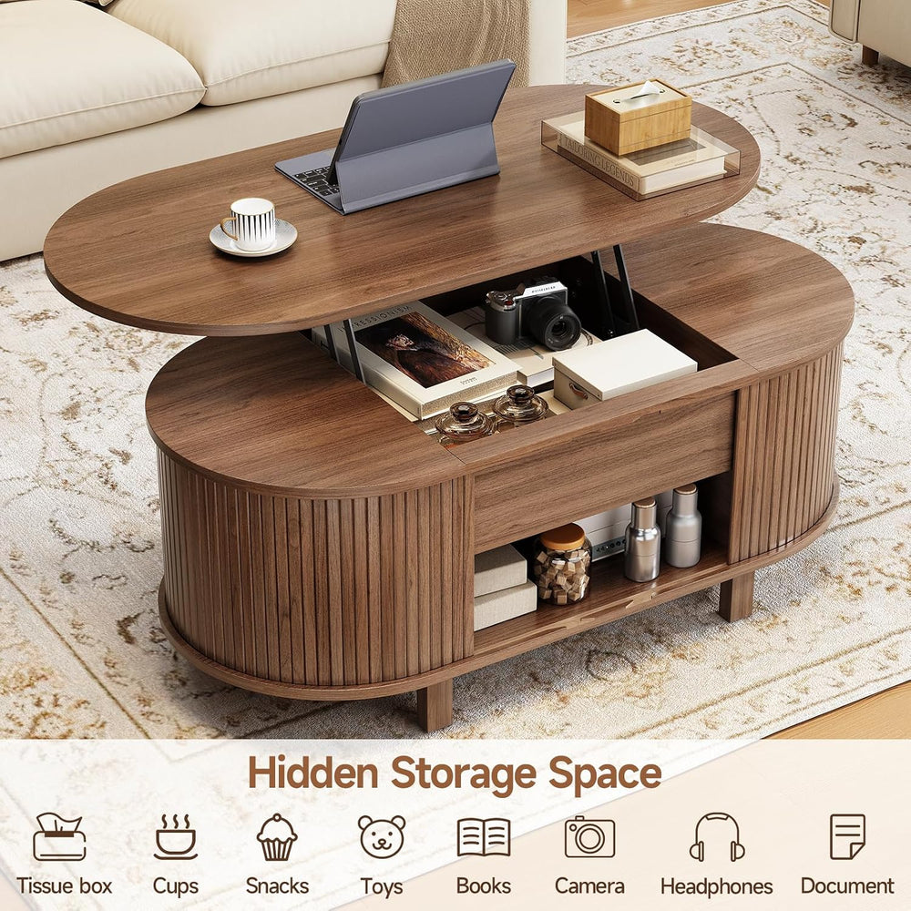 ONBRILL 43.3" Oval Lift Top Fluted Coffee Table with Sliding Door, Walnut