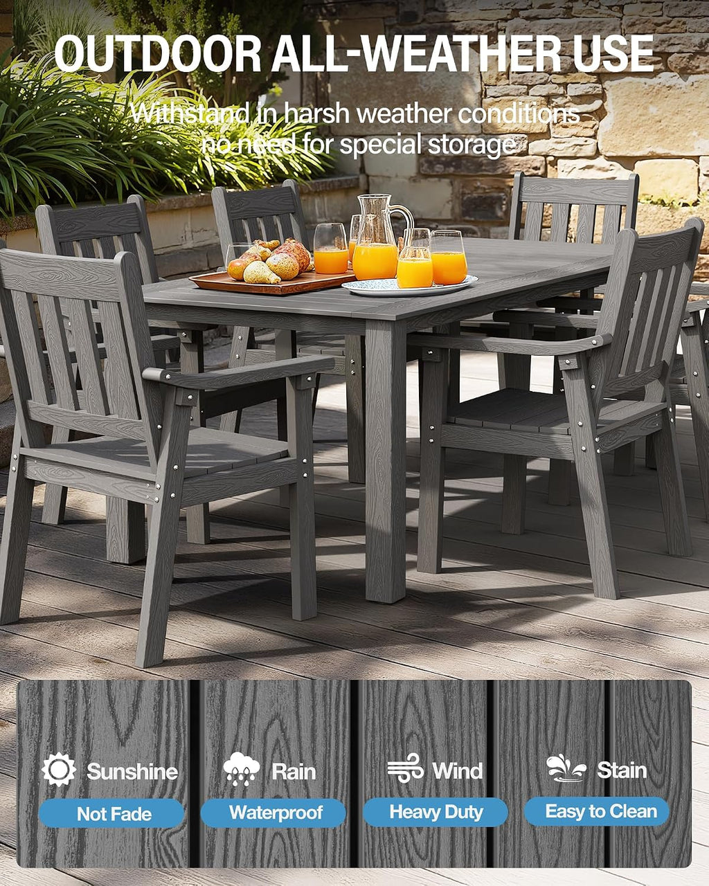 YEFU 7-Piece Patio Table Set, All-Weather HIPS, Metal Aluminum Frame, Gray