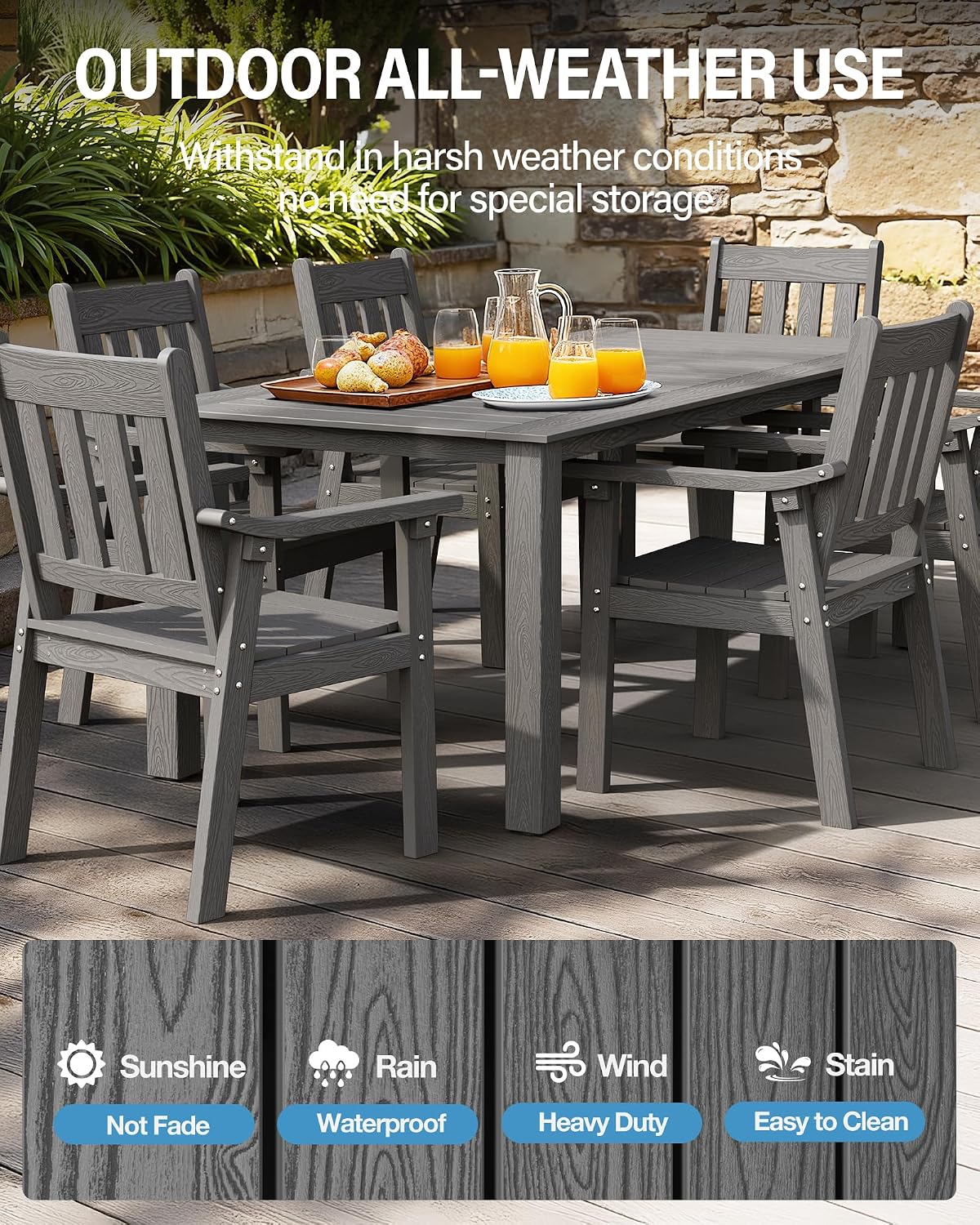 YEFU 7-Piece Patio Table Set, All-Weather HIPS, Metal Aluminum Frame, Gray