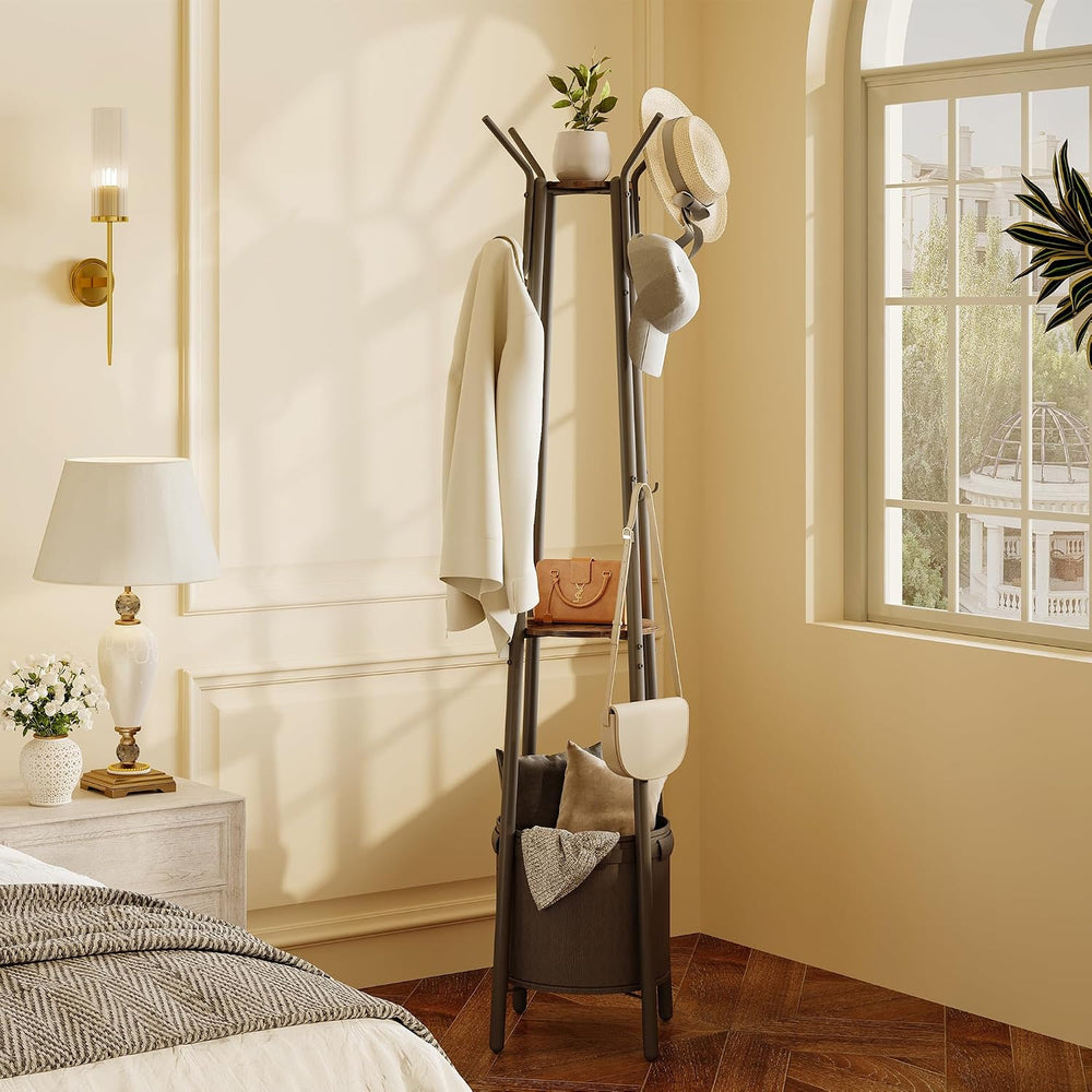 Homeiju Coat Rack with Storage Basket & 12 Hooks, Freestanding Heavy Duty...
