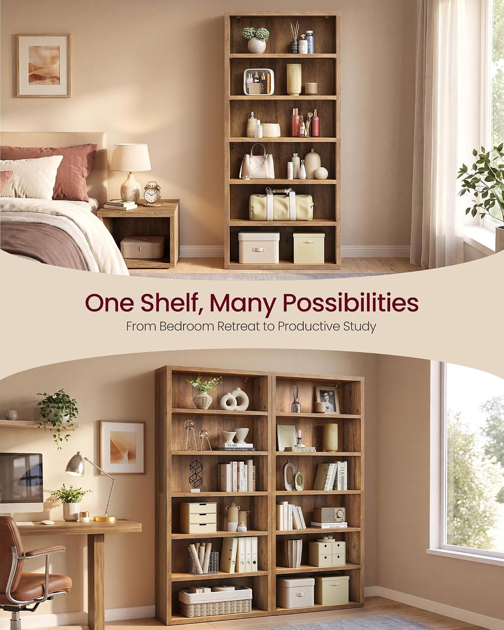 VASAGLE 6-Tier Bookshelf, Minimalist Bookcase with Adjustable Shelves