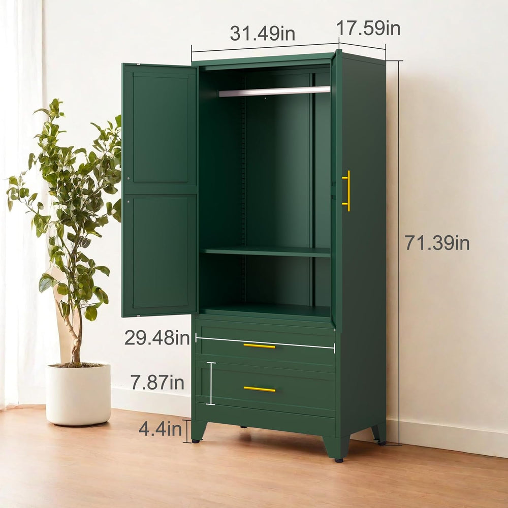 PAOFIN Green 71" Metal Armoire Wardrobe Closet, Bedroom Clothing Storage...