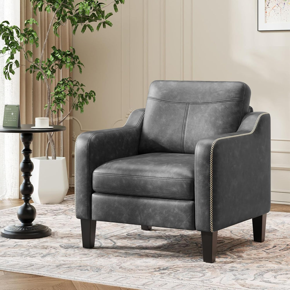 MALOL PU Leather Accent Chair with Solid Wood Frame, Black