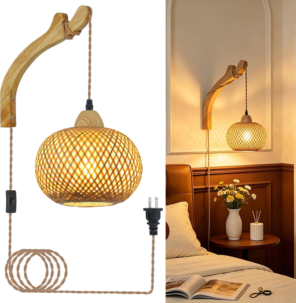 Frideko Bamboo Lantern Plug in Wall Sconces Wicker Wall Lamp with Plug in Cor...