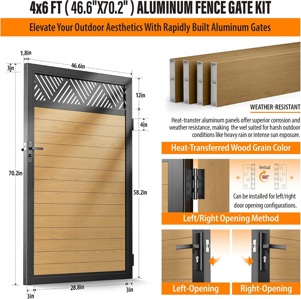 4x6 FT (46.6"x70.2") Aluminum Fence Gate Kit, Heavy-Duty Wood Grain...