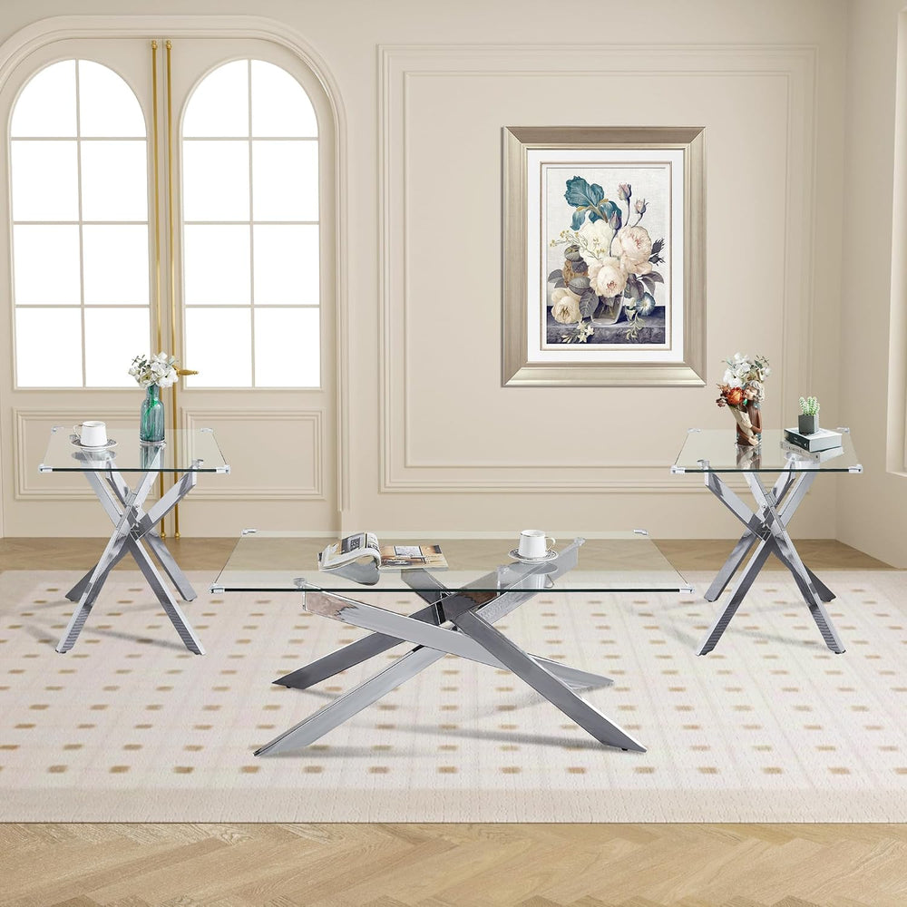 AF ARTISAN FURNITURE Silver Glass Coffee Table and 2 End Table Set of 3, Coff...