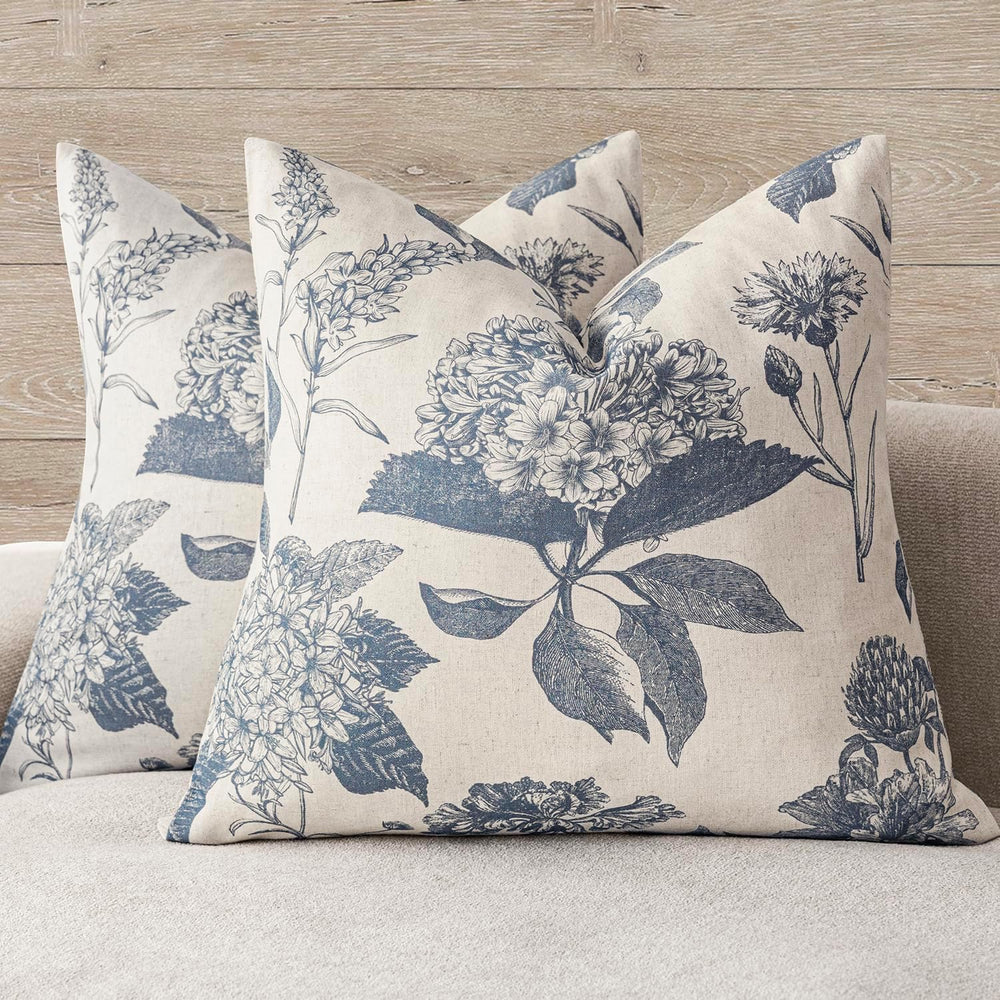 Foindtower Decorative Linen Floral Throw Pillow Covers 22×22 Inch,Blue