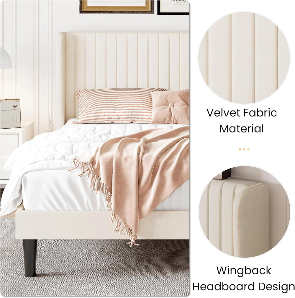 SHA CERLIN Queen Size Velvet Bed Frame, Tufted Wingback Headboard, Cream