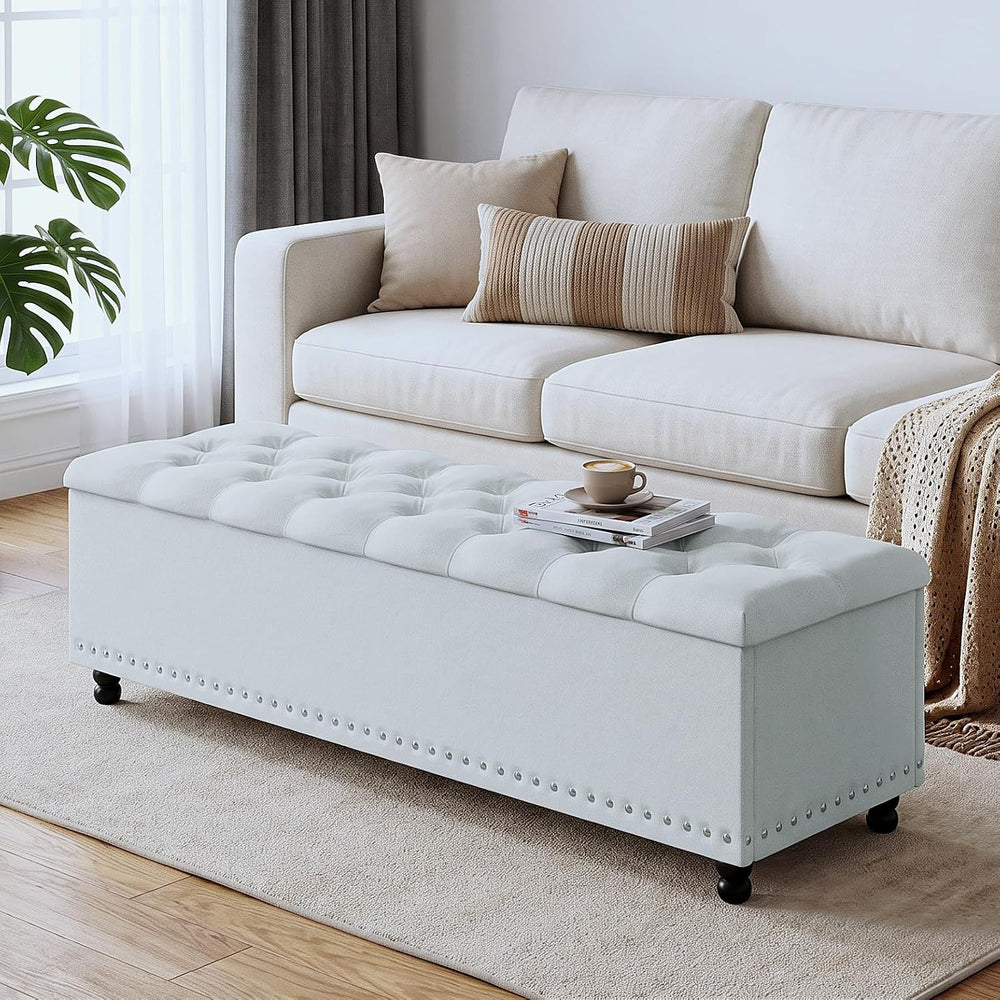 51" Storage Ottoman Bench with Wooden Legs & Soft-Close, White-Gray
