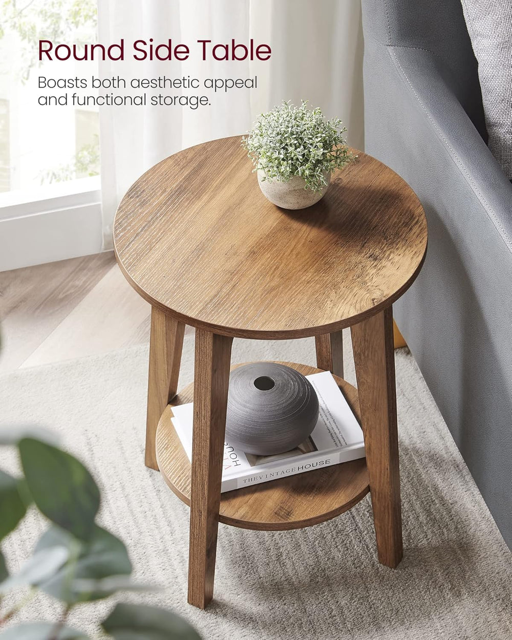 VASAGLE Round Side Table with Lower Shelf, End Table for Small Spaces