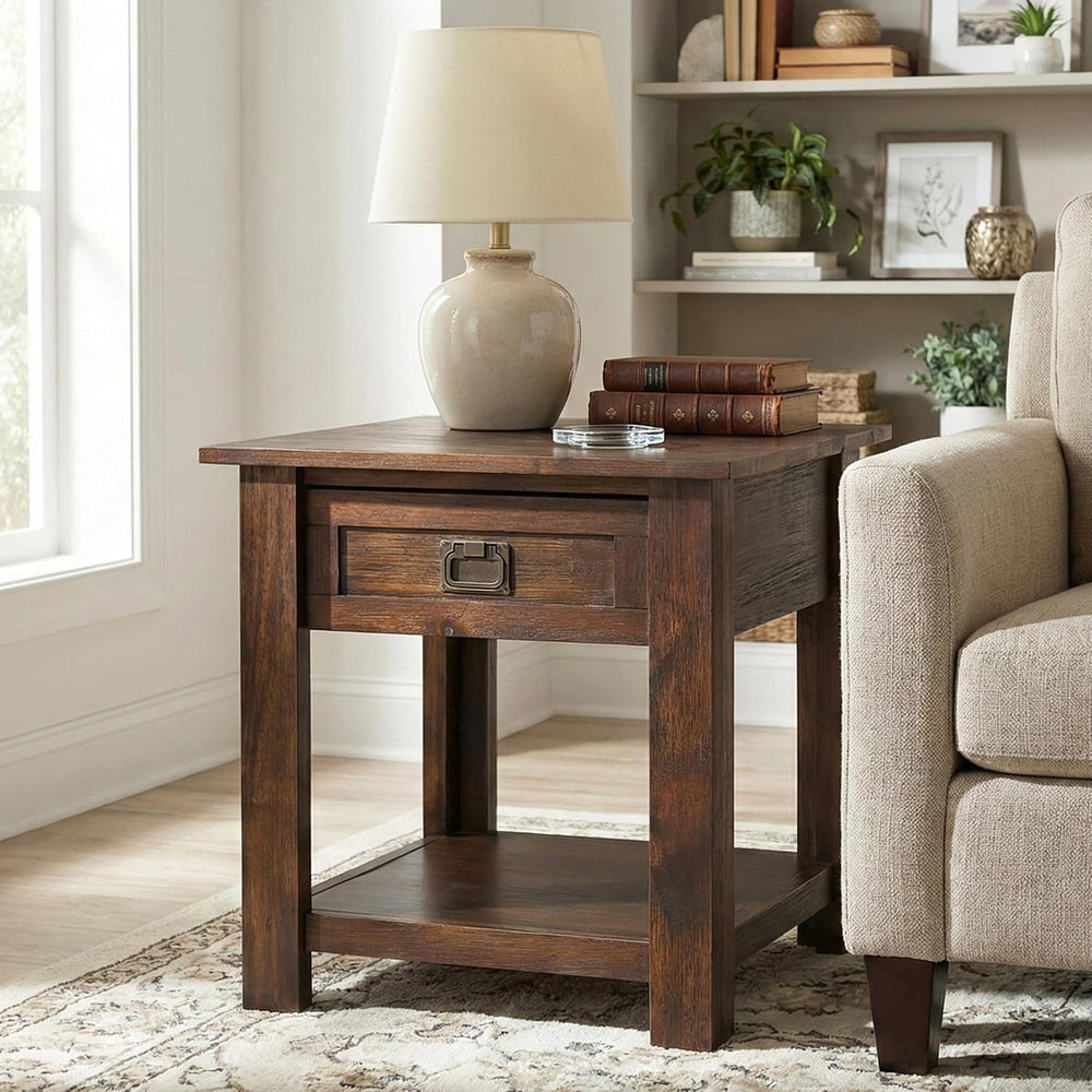 SIMPLIHOME Monroe 22" Wide Solid Wood End Table in Charcoal Brown