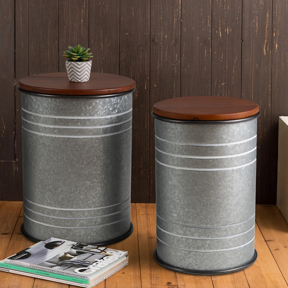 Glitzhome Farmhouse Accent Side Table, Metal Storage Stool Ottoman with Round...