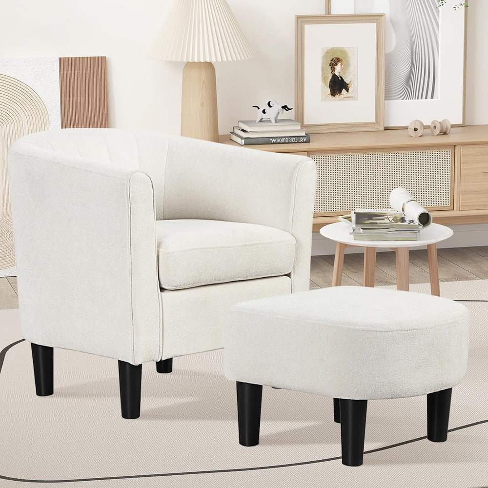 KOMFOTT Accent Chair with Ottoman, Upholstered Teddy Velvet Barrel Chair with...