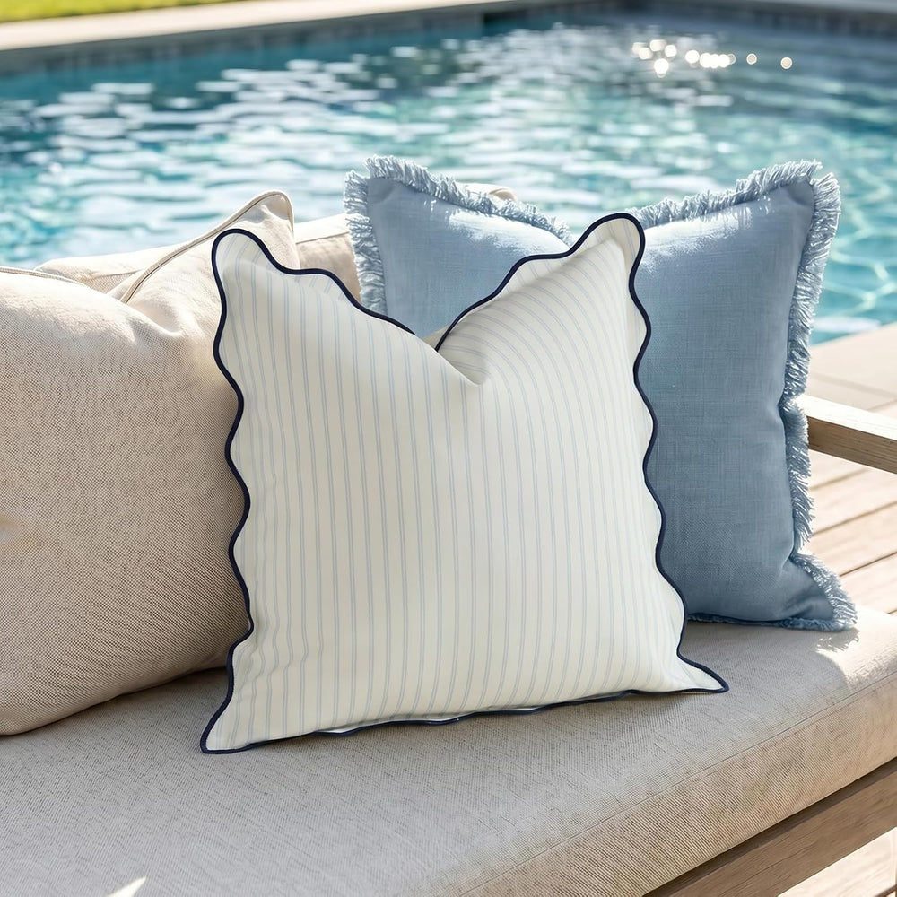 DEZENE 18x18 Blue Outdoor Pillow Covers Pack of 2, Striped Scalloped Coastal ...