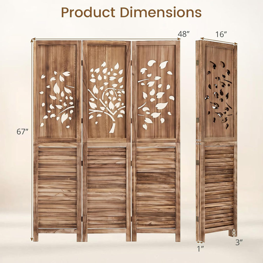 GIANTEX 3 Panel Folding Room Divider with Tree Leaf Cutout & Louvered Slats