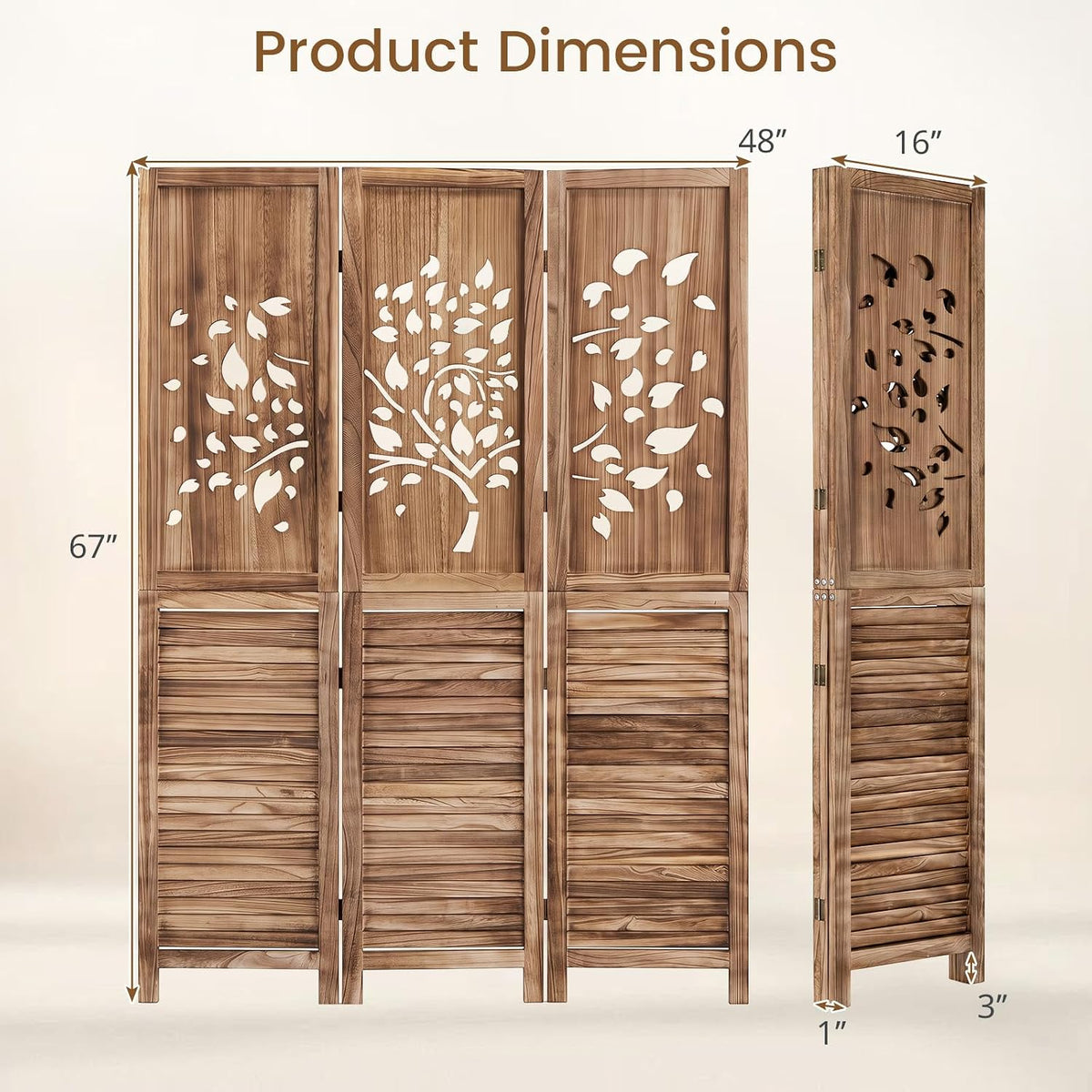 GIANTEX 3 Panel Folding Room Divider with Tree Leaf Cutout & Louvered Slats