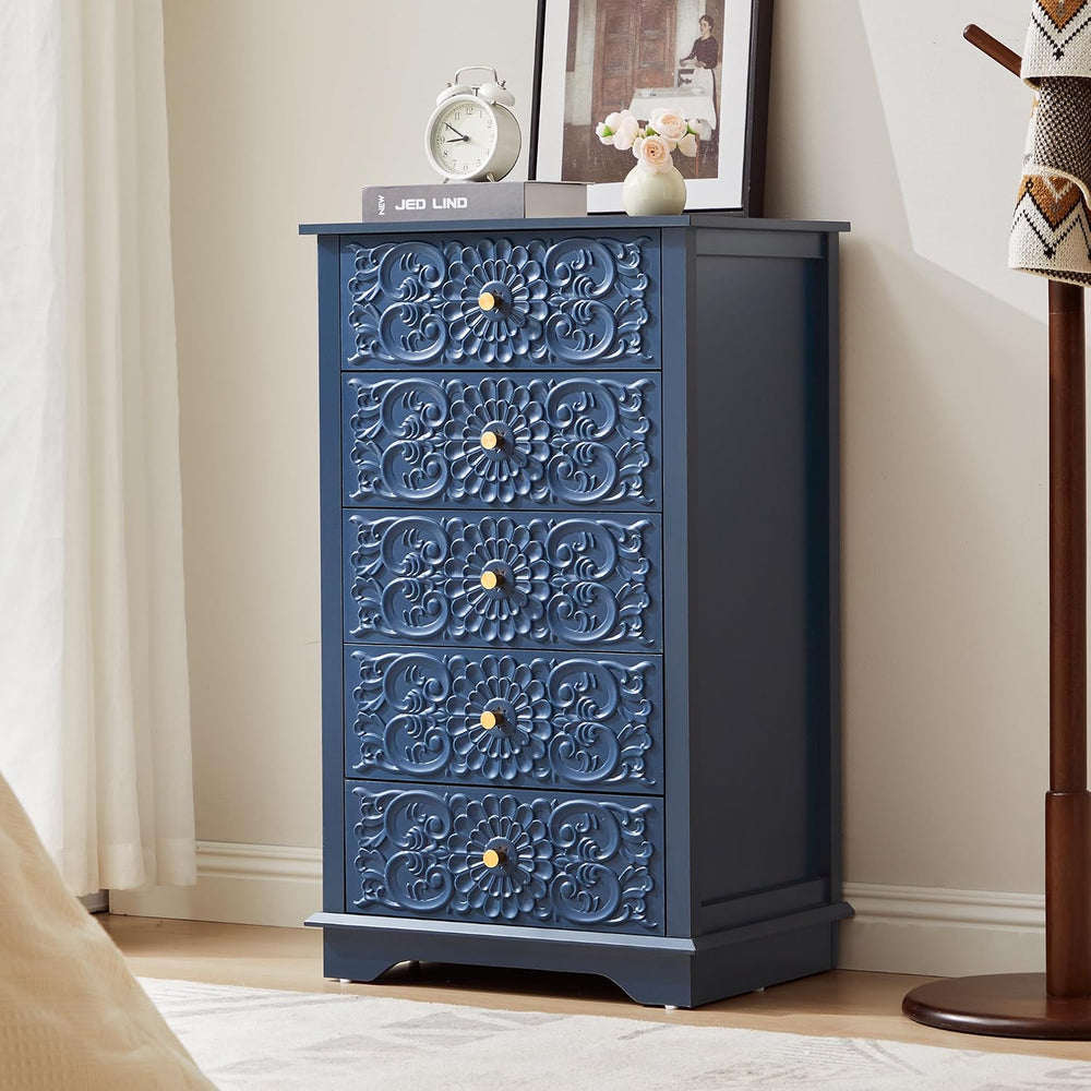 weselon 5 Drawer Dresser for Bedroom, Narrow Chest of Drawers with Floral Fro...