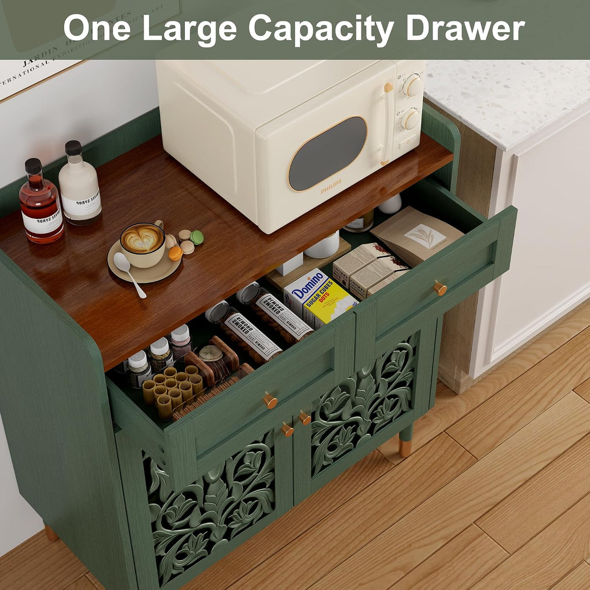 3More 2 Door Retro Carving Sideboard Buffet Cabinet with 1 Drawer, Green