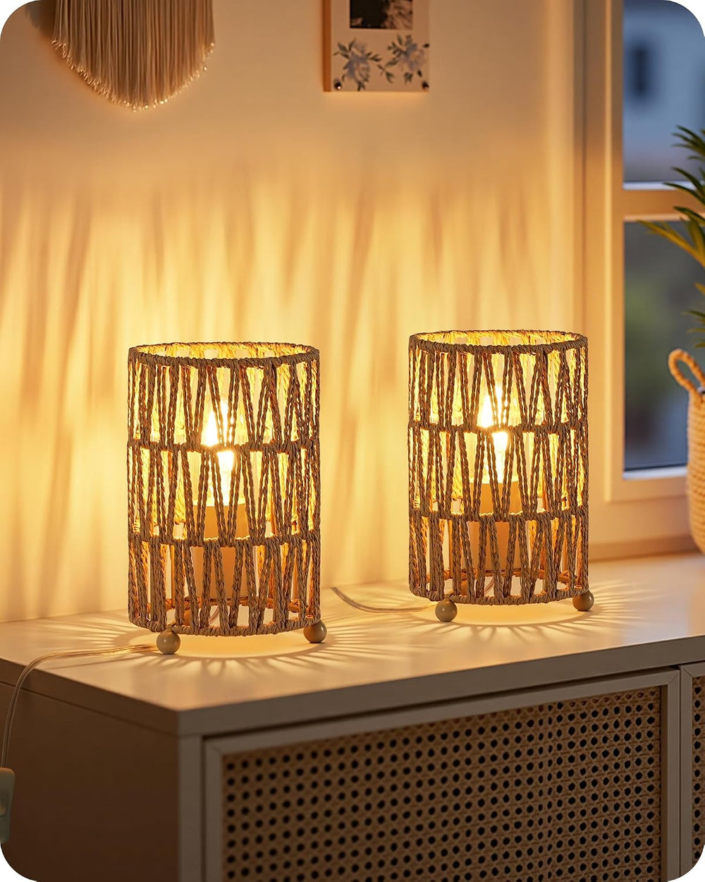 Boho Table Lamps Set of 2, Rattan-Style Small Bedside Lamps