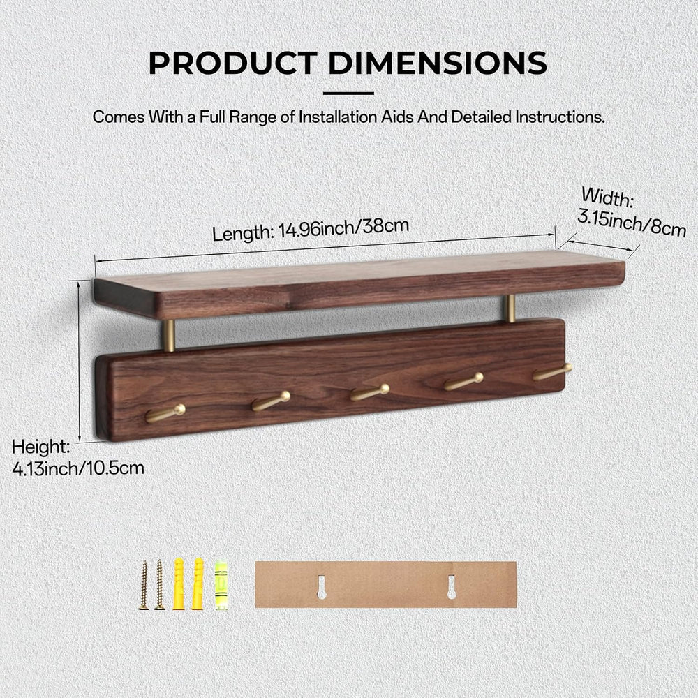 Walnut Wood Coat Rack with Shelf, Wall Mounted Rack with 5 Hooks
