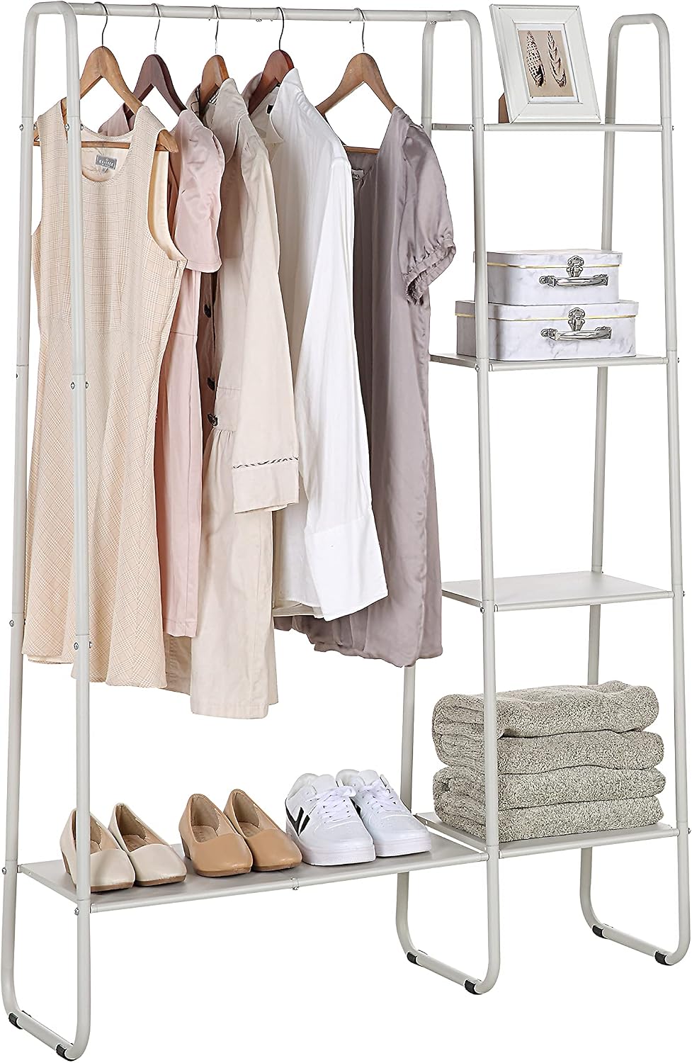 SunnyPoint Open Closet Garment Rack with 4-Tier Shelves & Bottom Storage ...