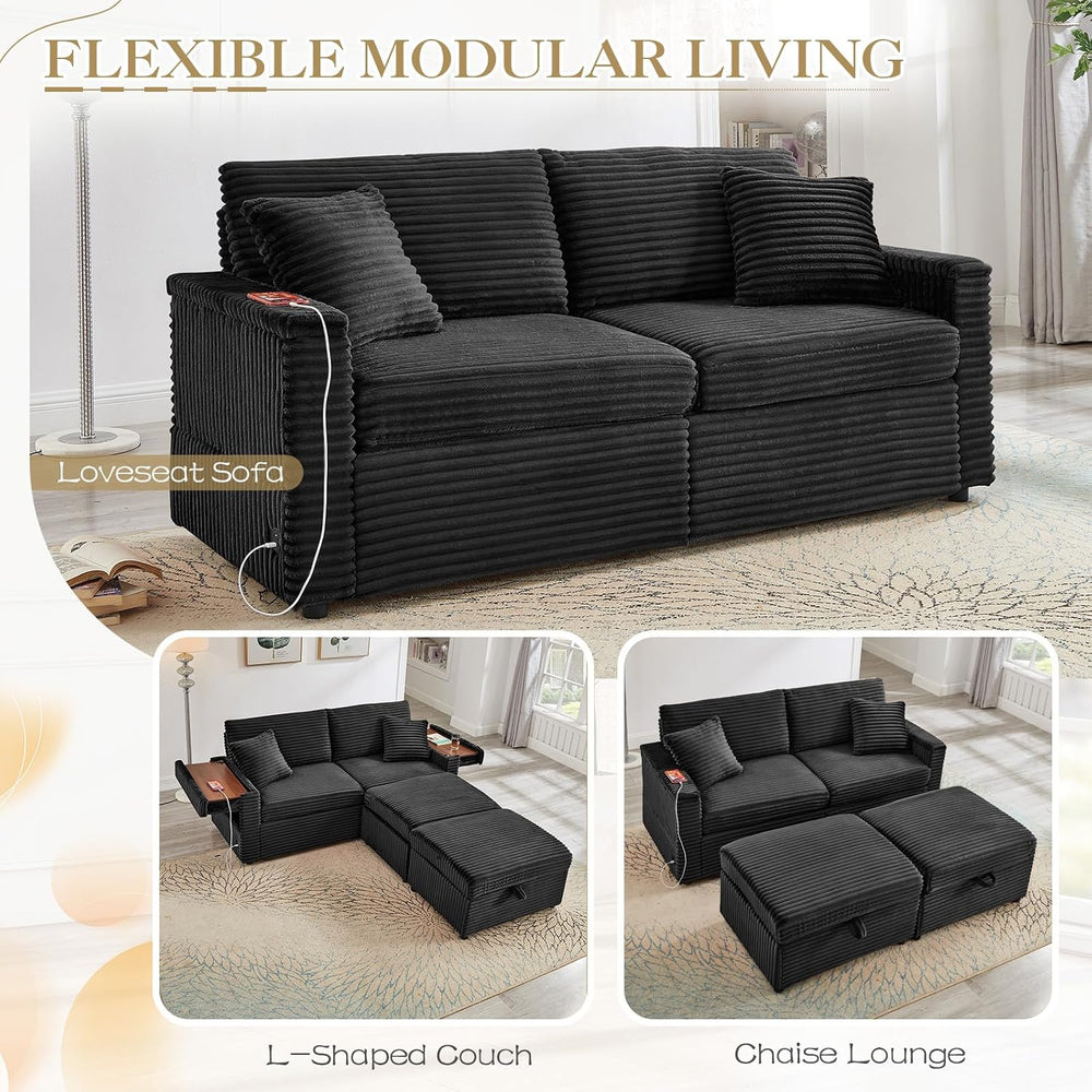 Loveseat Chair and Ottoman Set, Modern Comfy Corduroy Cloud Fluffy Chaise Lou...