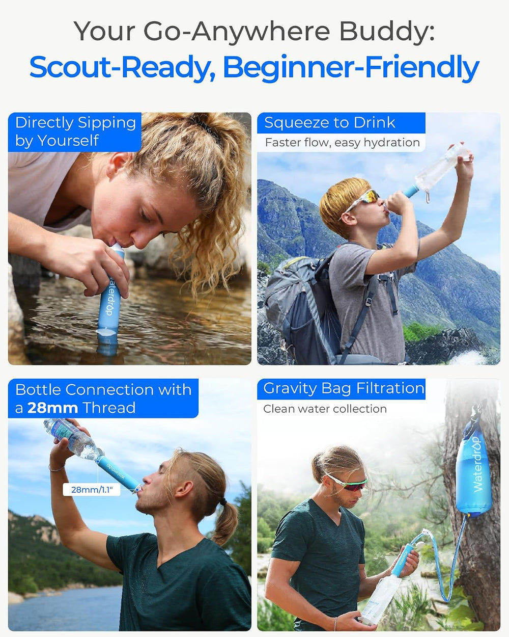 Waterdrop Gravity Water Filter Straw, Camping Water Filter, 0.1 Micron