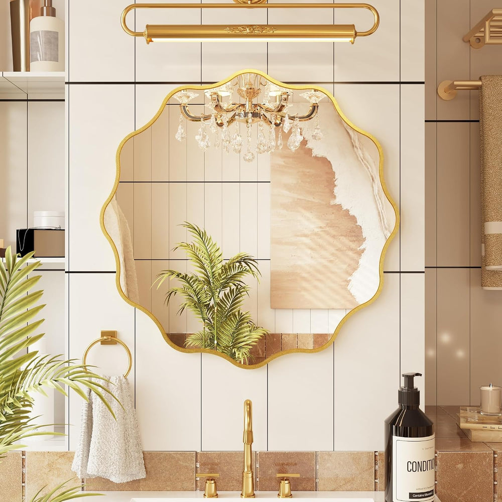 Kelly Miller 28" Gold Round Scalloped Mirror, Wavy Edge Decorative Mirror