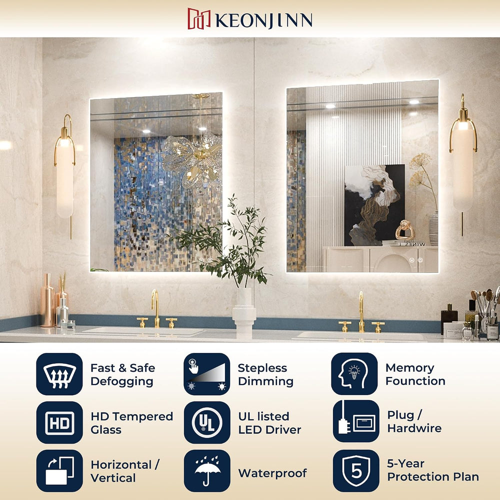 Keonjinn 24" x 36" LED Mirror for Bathroom, Backlit Mirror 6000K Da...