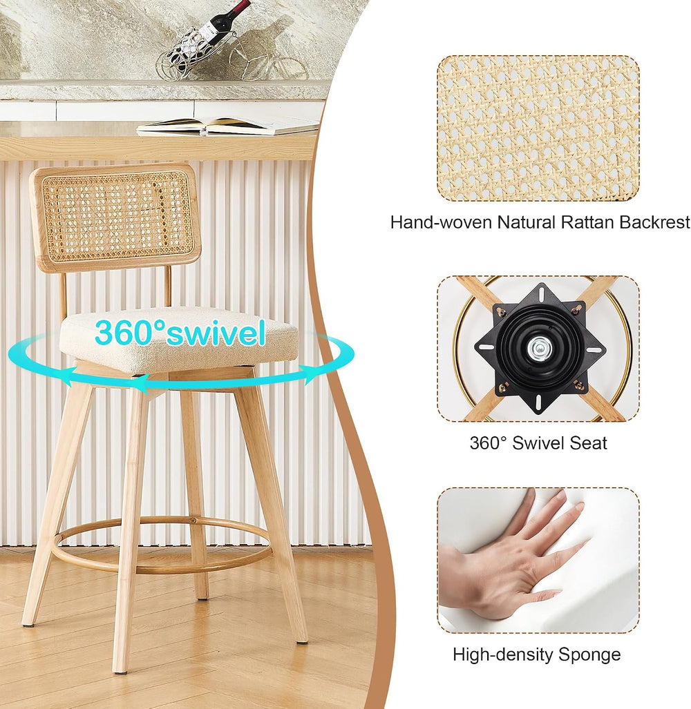 26" Swivel Boho Bar Stools Set of 2, Solid Wood, Rattan, Beige
