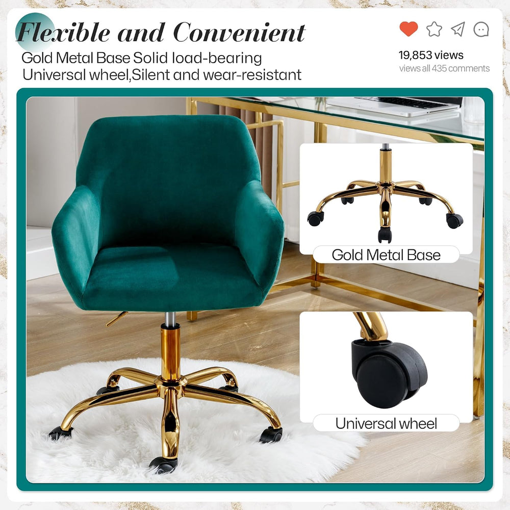 Office Velvet Faux Fur Vanity Desk Chair with Golden Base, Green