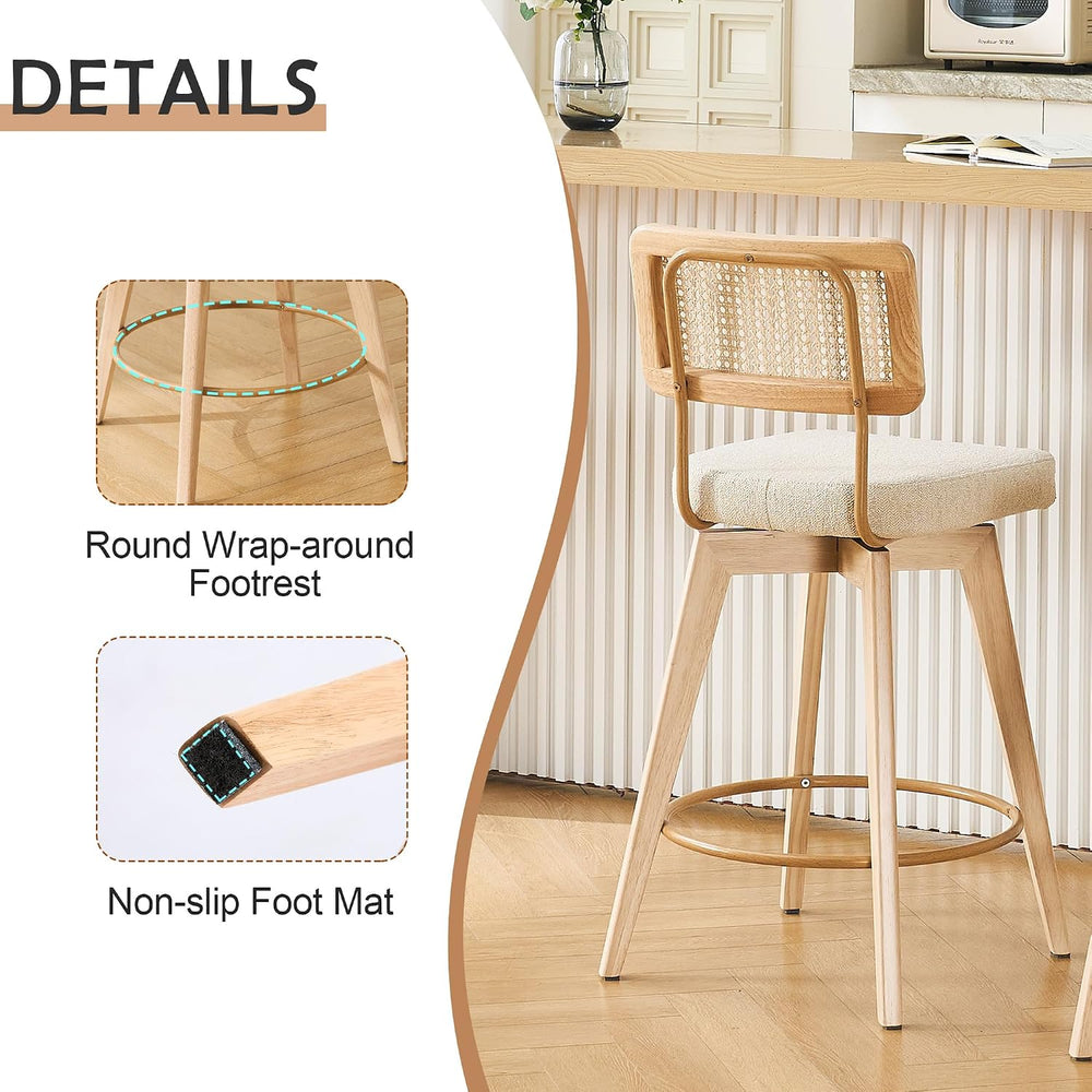 26" Swivel Boho Bar Stools Set of 2, Solid Wood, Rattan, Beige