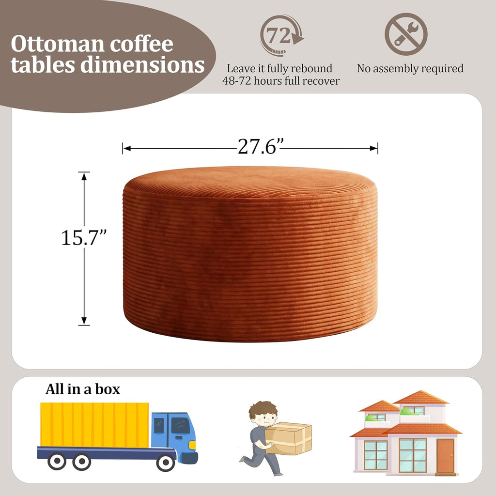 BSHOMGI Round Ottoman,Corduroy Ottomans Foot Stool, 27.5" Pouf Footstool Ottomans Seat, Round Footrest, Modern Side Table for Living Room Bedroom Home Decor No Assembly Require (Orange, 32")