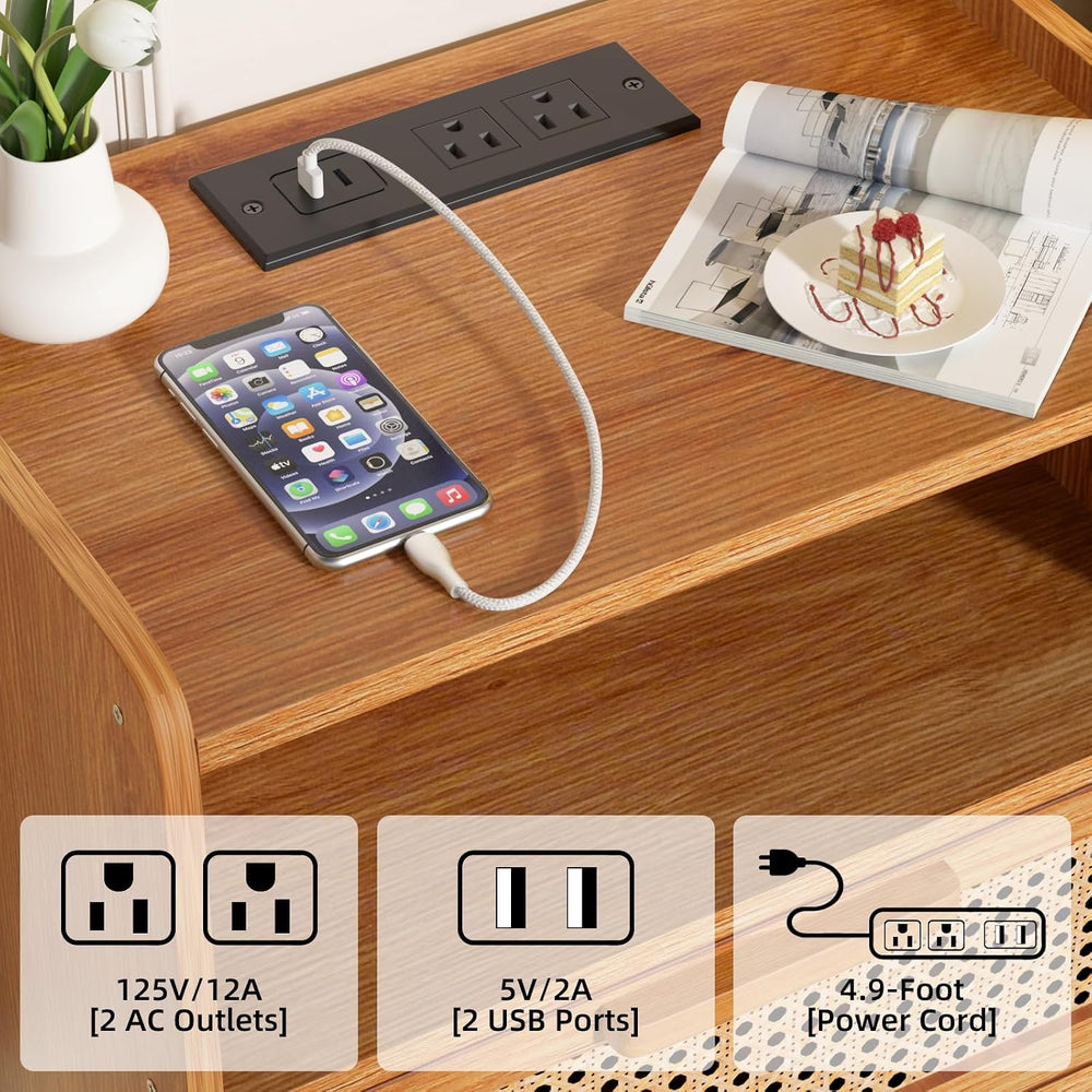 Lerliuo Rattan Nightstand with Charging Station, Side Table with Drawer