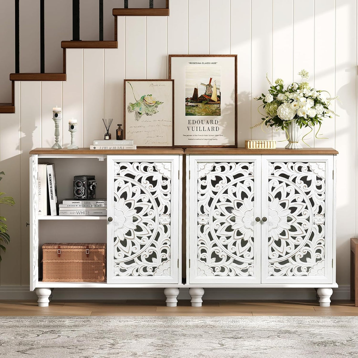 JOINICE 31" Accent Storage Cabinet with Doors for Living Room,White& Walnut