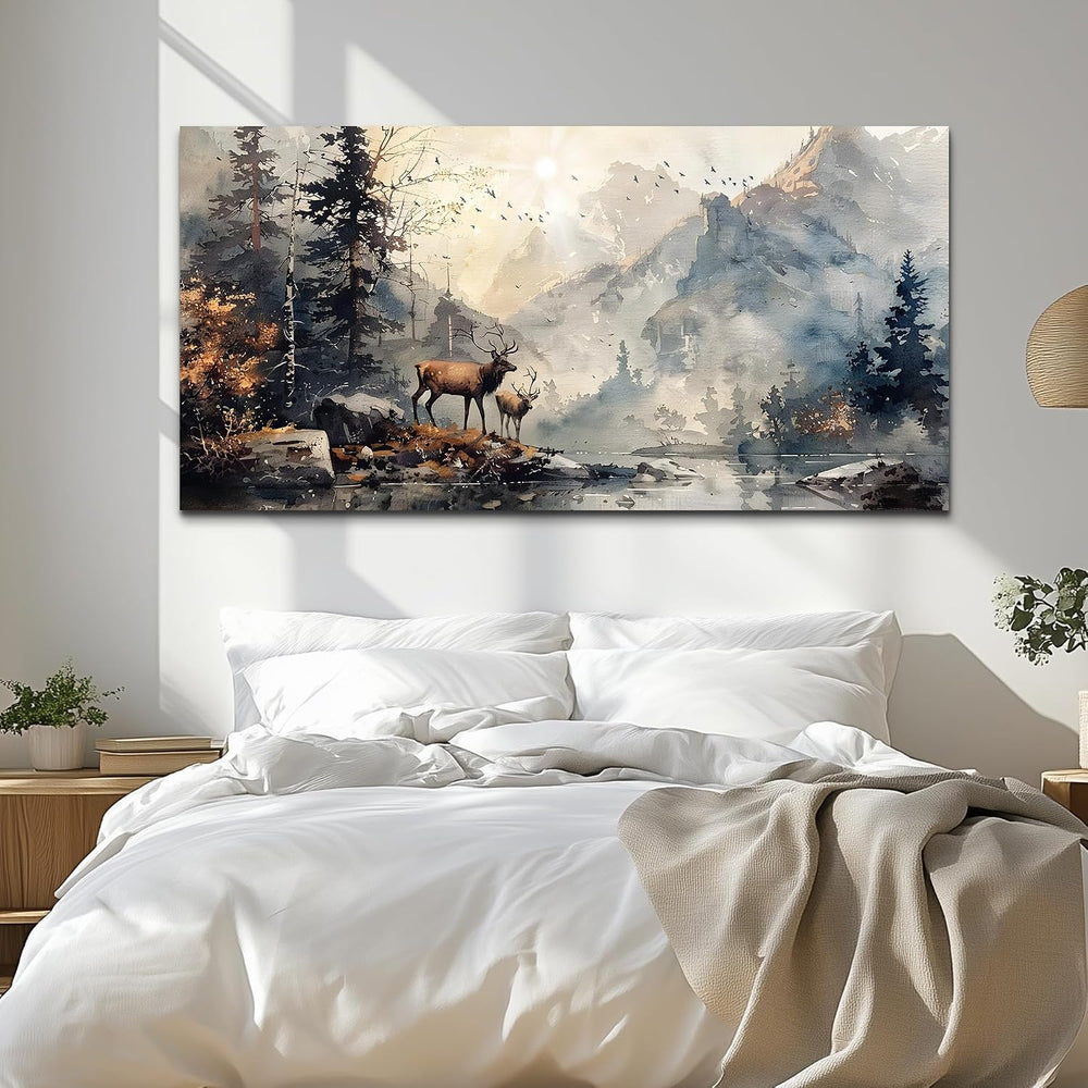 FUHAIHUA Canvas Wall Art for Living Room, Mountain Forest Deer Landscape 20x4...