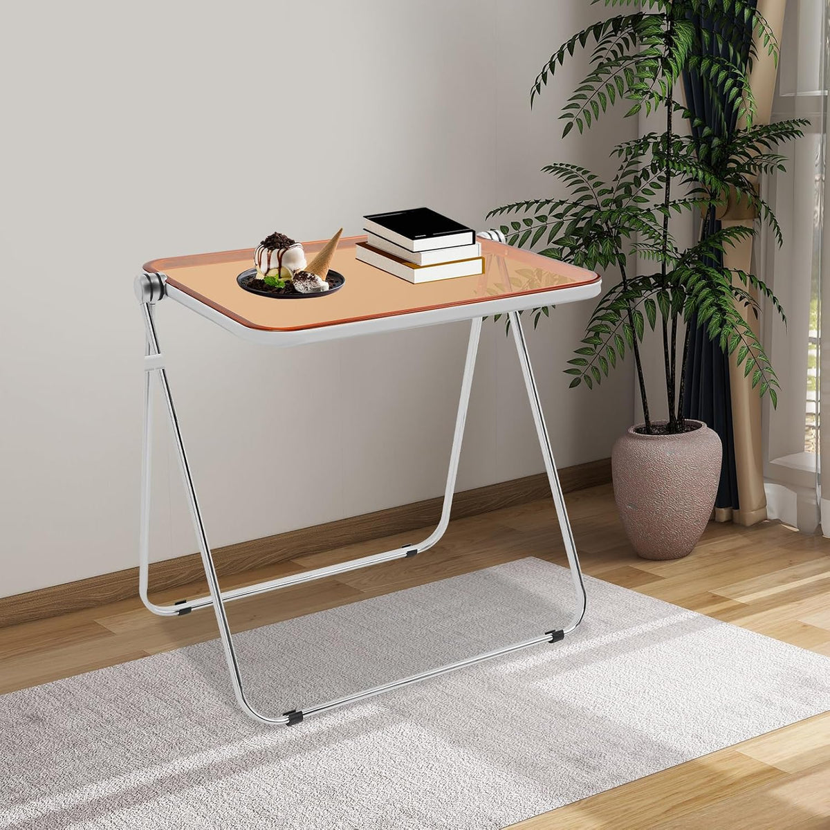 Clear Foldable Side Table, Folding Tiny Writing Desk TV Tray Table Coffee Clear Bed Side Tables Space Saving No Assembly Required for Home Office Small Computer Desk 25 * 20 * 27 inch
