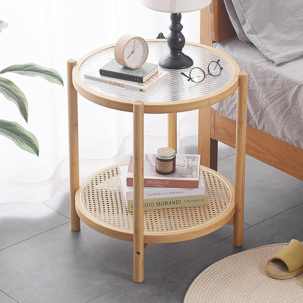 Tiita Rattan Side Table, Modern Round Bamboo End Table, Glass Top, Wood