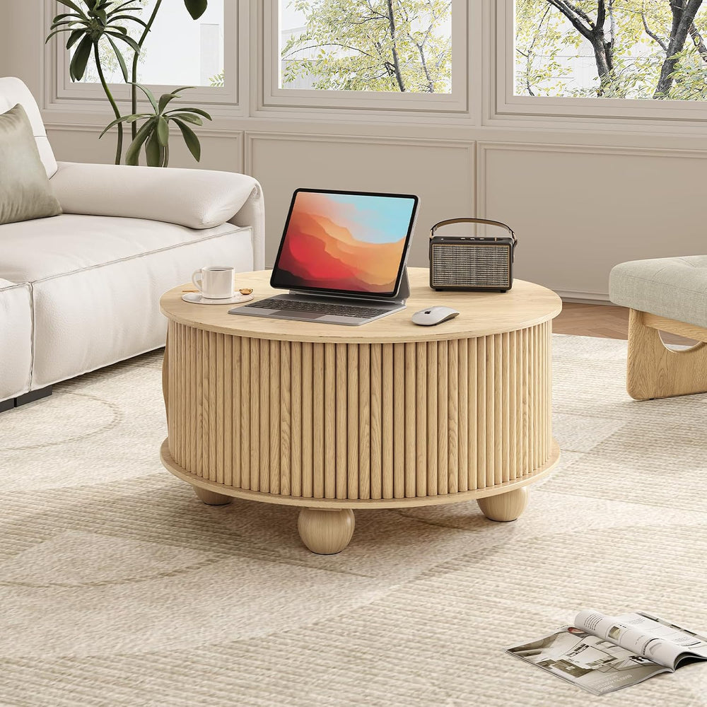 JOINICE 31.5" Round Coffee Table with Storage for Living Room,Natural Oak