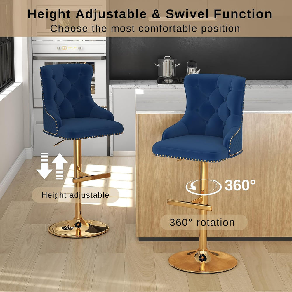 Velvet Bar Stools Set of 4, Adjustable Height, Gold Metal Base, Blue