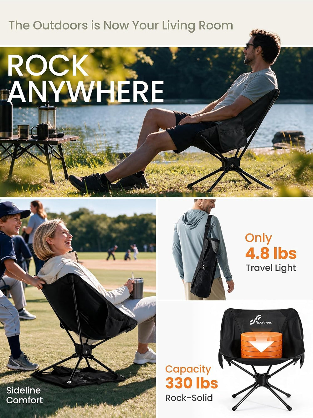 Sportneer Portable Rocking Chair, Gentle Sway Camping Chair, Lightweight Outd...