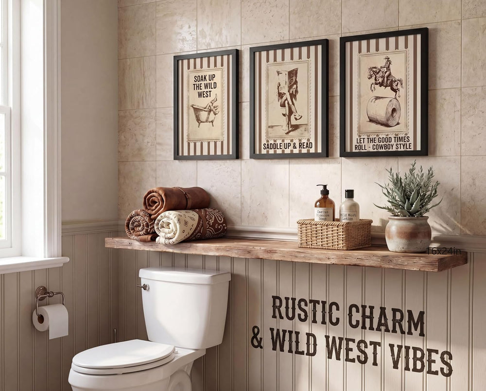 WWSGSG 3Pcs Funny Cowgirl Bathroom Canvas Wall Art Black Wood Framed12x16in