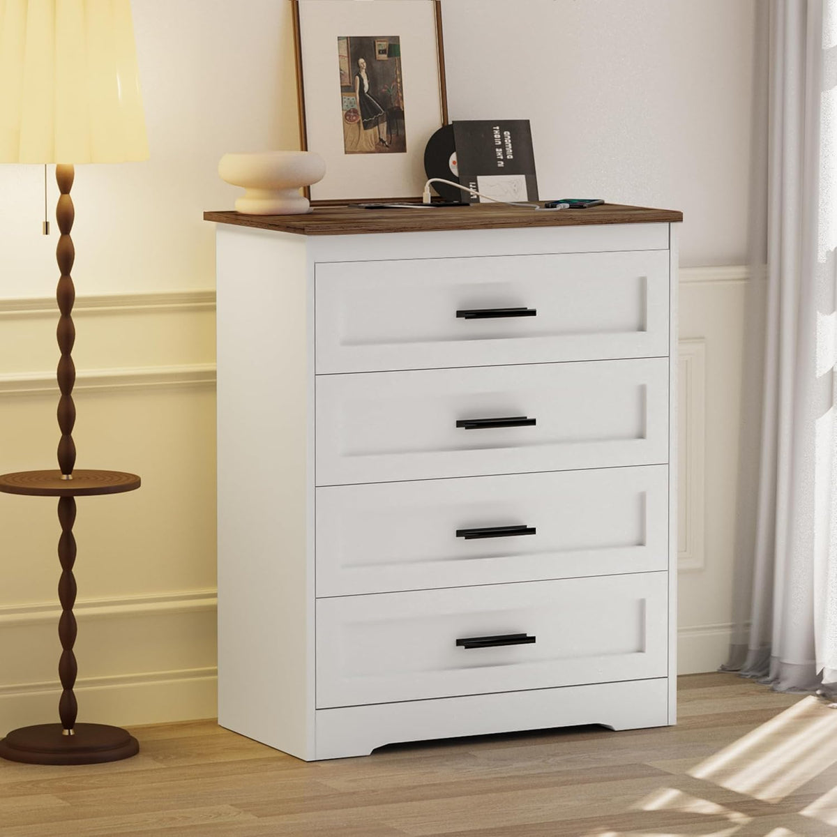 GEPELCN Farmhouse 4 Drawers Dresser for Bedroom Rustic Chest of Drawers with Natural Texture White Drawers Organizer for Living Room Hallway
