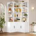 FINETONES 74" Tall Corner Bookshelf, White Bookshelf with Doors