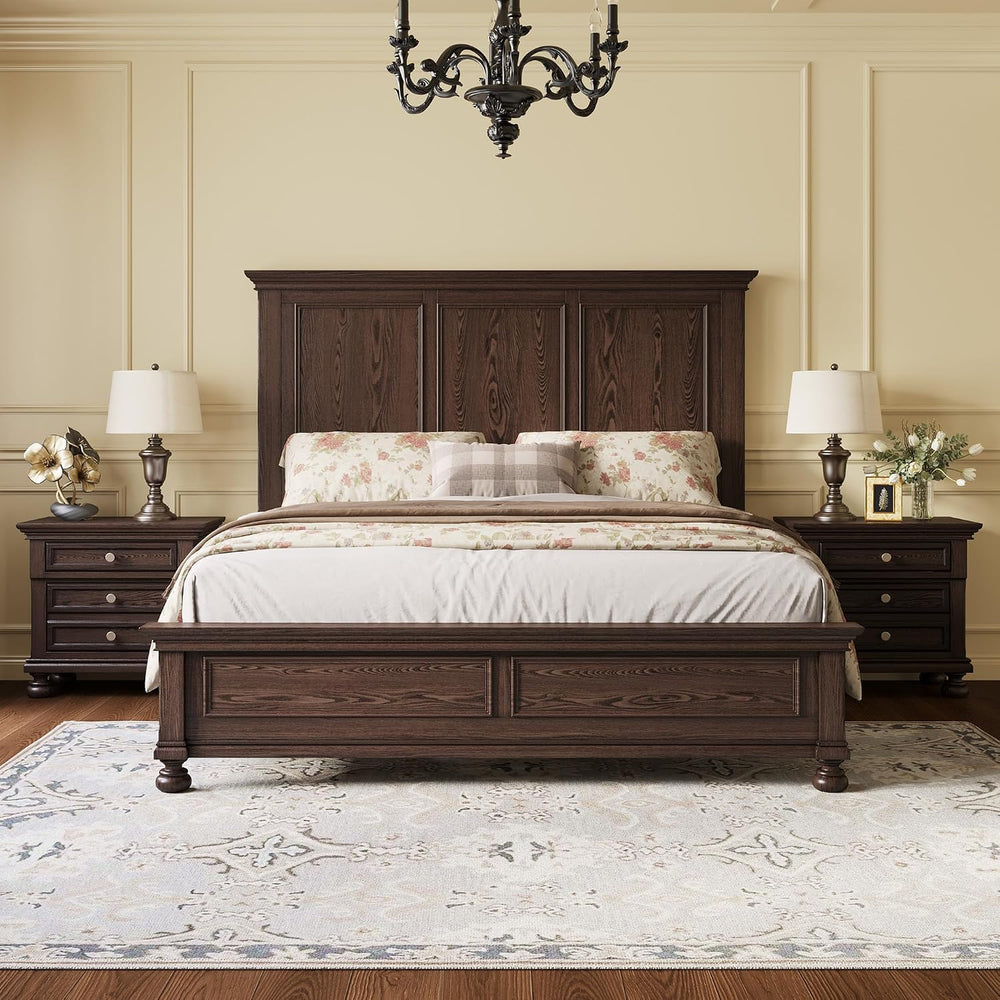 AMERLIFE Solid Wood 3-Piece Set, Queen Bed & 2 Nightstands, Dark Brown