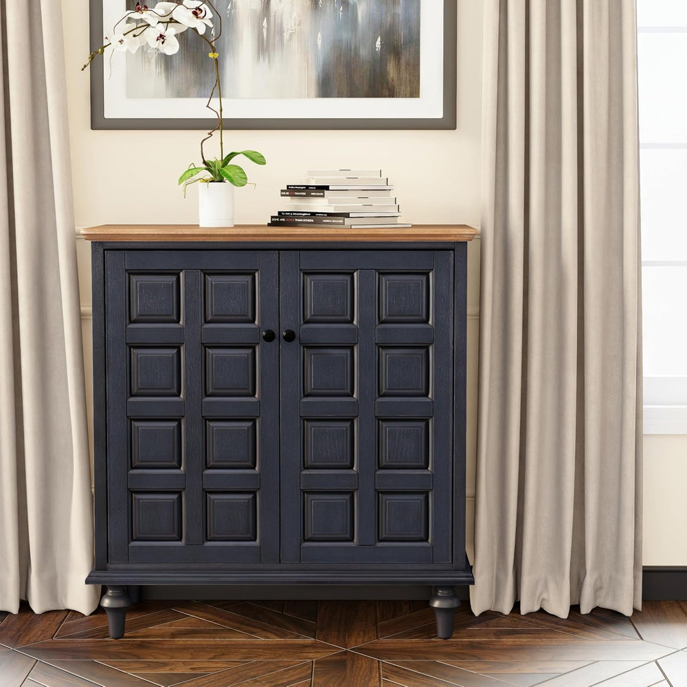 Aoikax Retro 2 Door Storage Cabinet, Dark Blue, Natural Wood