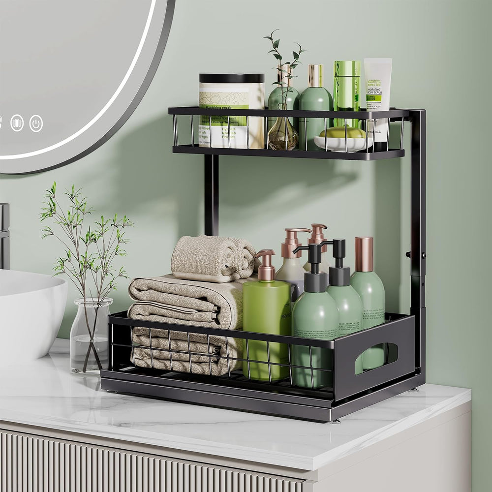 Under Sink Organizer, 2-Pack L-Shaped Metal Pull-Out Drawers for Kitchen