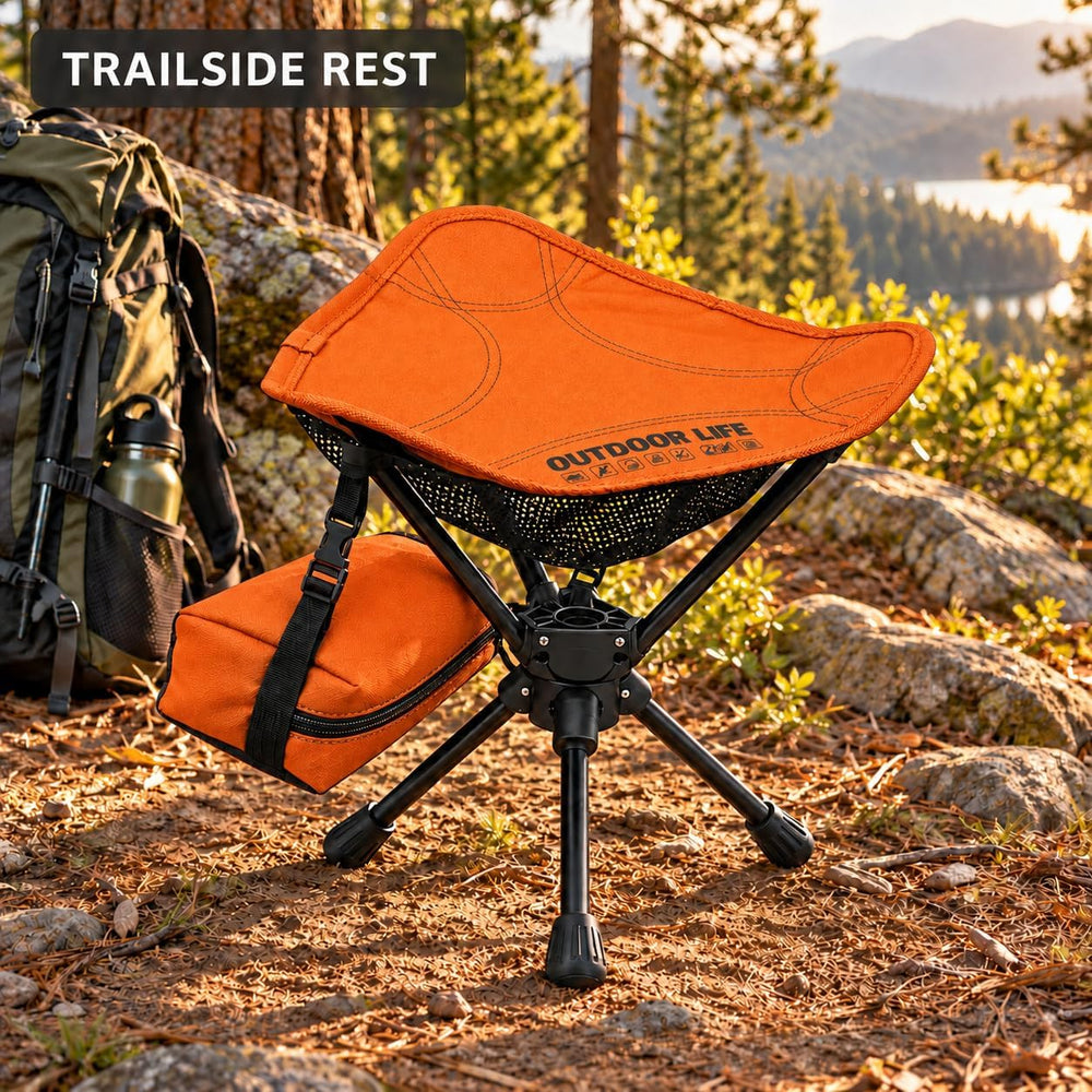 360° Swivel Camping Stool, 265 lb, 1.2 lb, 7075 Aluminum, Orange