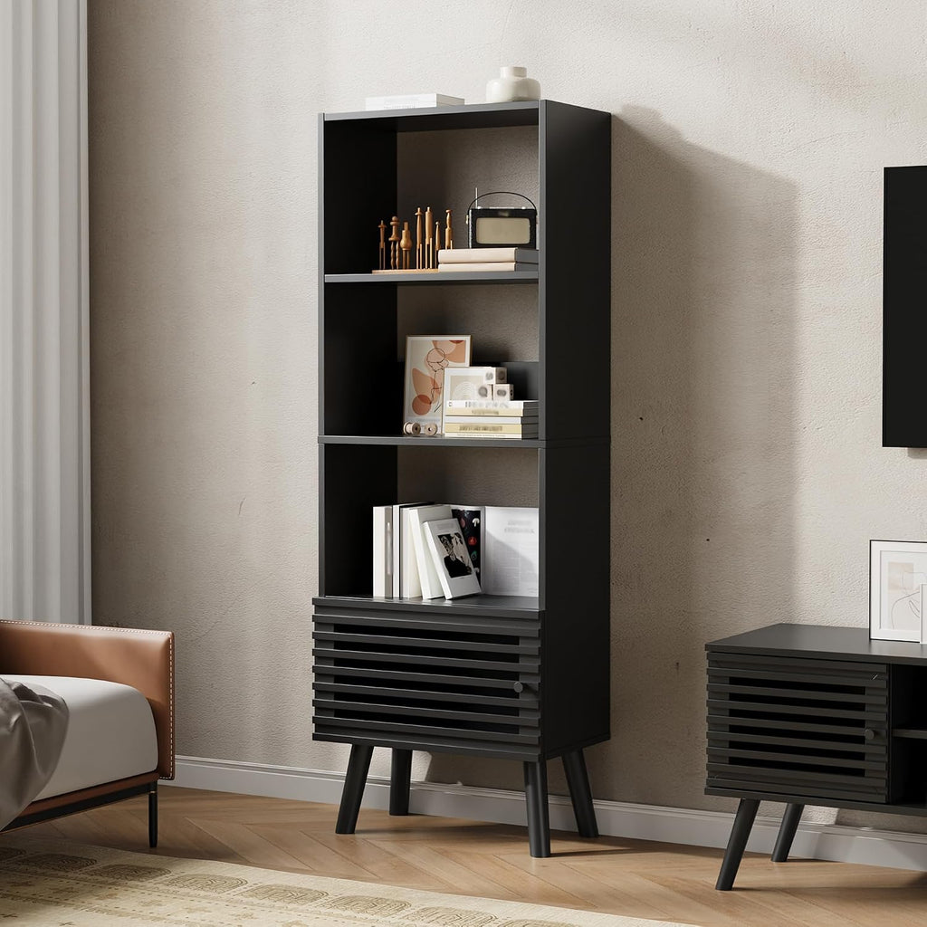 Furnify 4-Tier Narrow Bookcase with Open Shelf and Slatted Door, Black