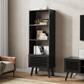 Furnify 4-Tier Narrow Bookcase with Open Shelf and Slatted Door, Black